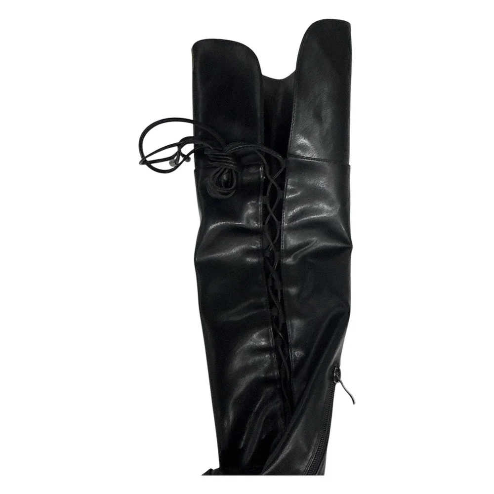 Chunky Platform Lace Tie Over Knee Boots Black Lug Sole New